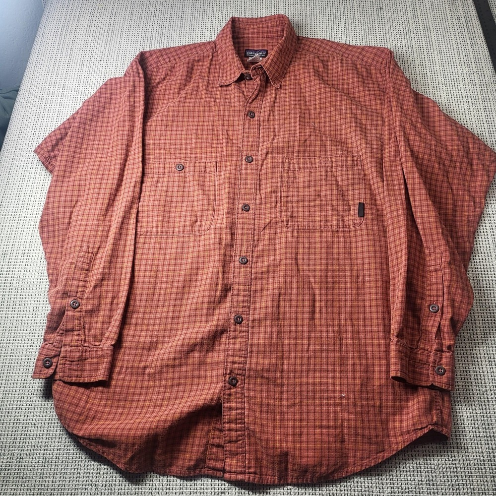 Patagonia Shirt Mens Large Orange Plaid Long Sleeve Button Front Organic Cotton